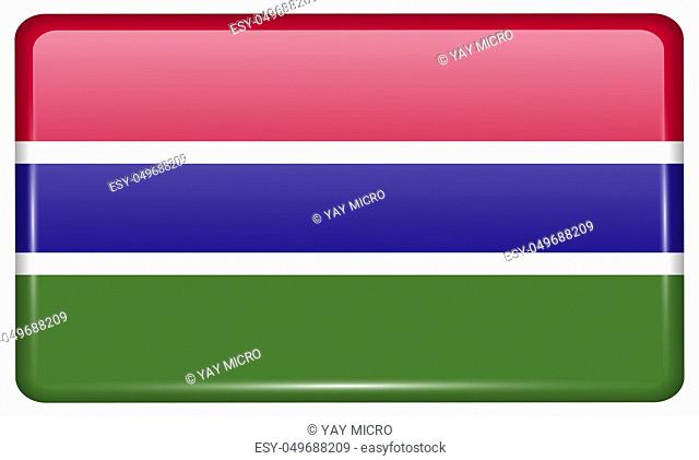 Flags of Gambia in the form of a magnet on refrigerator with reflections light. illustration