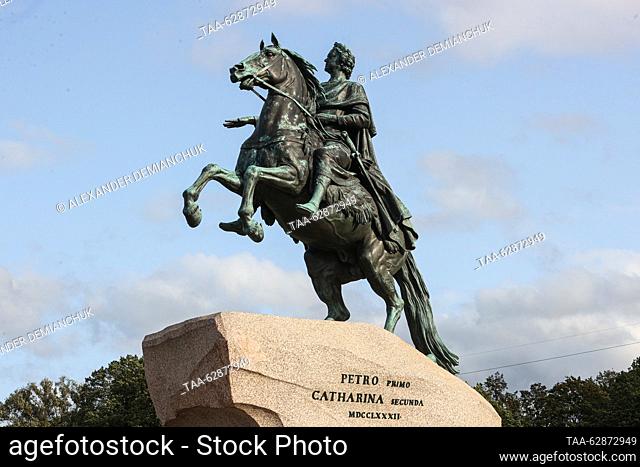 RUSSIA, ST PETERSBURG - OCTOBER 1, 2023: A view of the Bronze Horseman, an equestrian statue of Peter the Great, on Senate Square