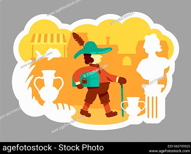 Merchant 2D vector web banner, poster. Commerce in historical period. Medieval trader flat characters on cartoon background
