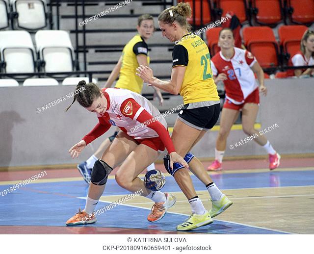 Handball players L-R Adriana Misova (Slavia) and Anna Leitner (Stockerau) in action during the EHF European Cup 2018/19, women, Qualification Round 1