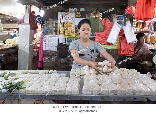 Selling Tofu at Pasar Turi vegetables market, Singkawang, West Kalimantan, Indonesia