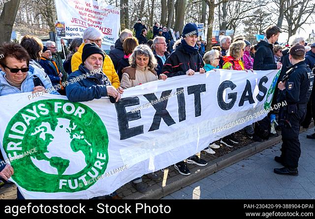 20 April 2023, Mecklenburg-Western Pomerania, Binz: Residents and environmentalists protest against plans for a liquefied natural gas terminal at the Rügen site...