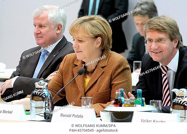 CSU Chairman and Premier of Bavaria Horst Seehofer, German Chancellor Angela Merkel and Chief of Staff Ronald Pofalla take part in the coalition negotiations at...