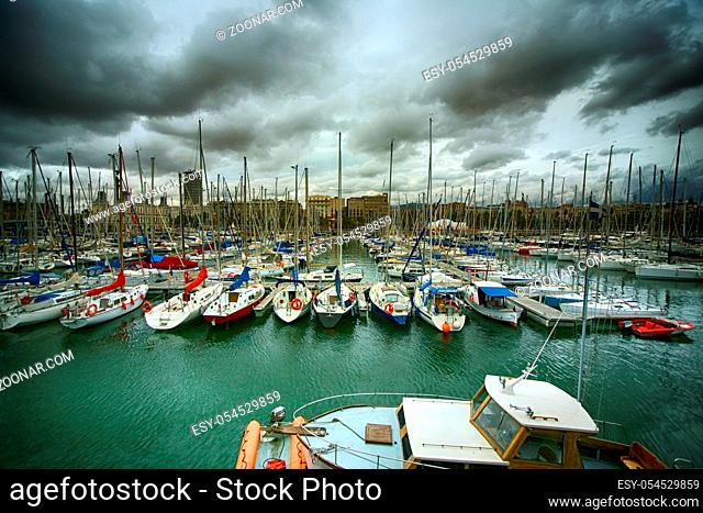 Tall luxury boats and yachts moored in duquesa Port In Spain. Barcelona