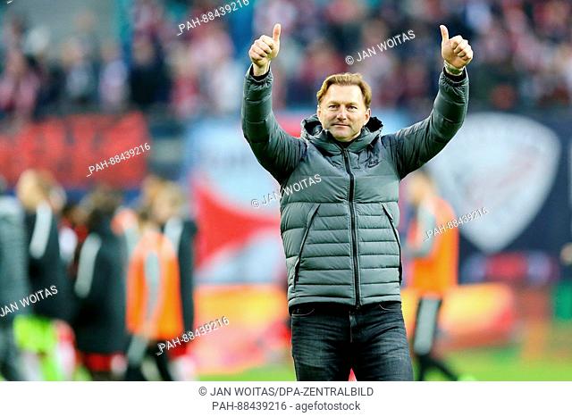 Leipzig's head coach Ralph Hasenhuettl thanks fans after the German Bundesliga soccer match between RB Leipzig and 1. FC Koeln in the Red Bull Arena in Leipzig