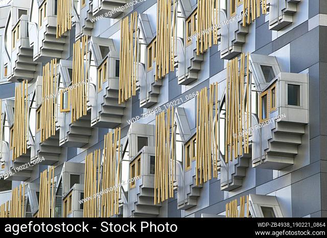 Scotland, Edinburgh. The Scottish Parliament Building at Holyrood. The windows of the offices of the Members of the Scottish Parliament
