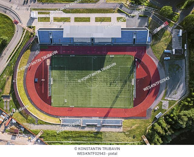 Aerial view of sport stadium, Tikhvin, Russia