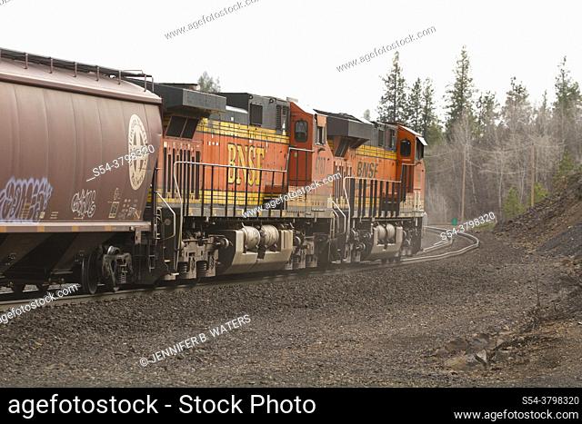A BNSF grain train in Cheney, Washington, USA