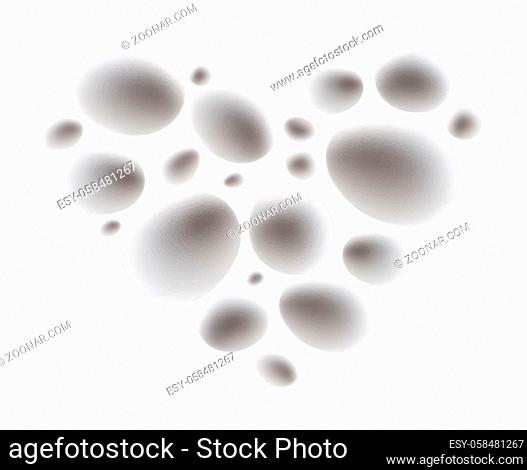 White chicken eggs in the shape of a heart on a white background