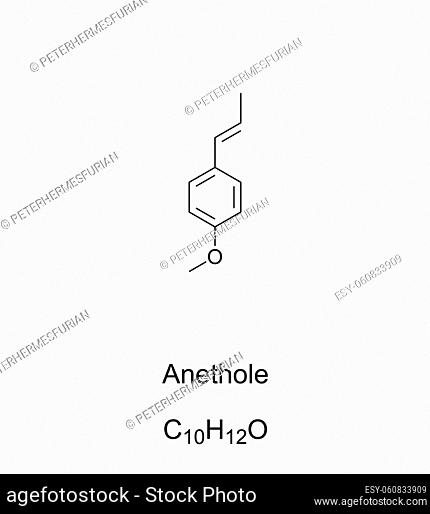 Anethole, chemical formula and structure. Trans-anethole, also known as anise camphor. Aromatic compound. Flavoring substance