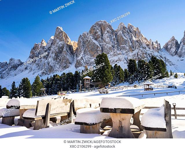 Geisler Mountain Range or Gruppo delle Odle Mountain Range in the valley of Villnoess in South Tyrol (alto adige) after a snowstorm in late fall