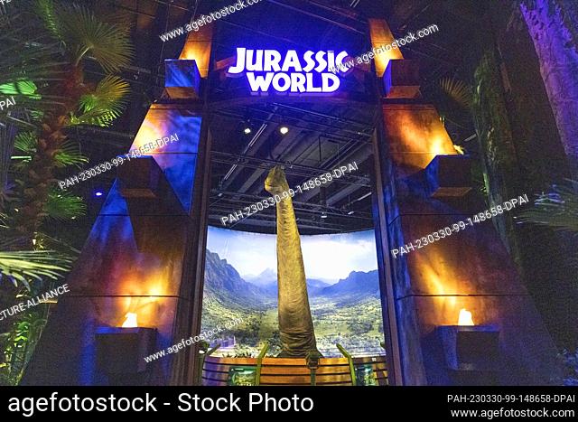 30 March 2023, North Rhine-Westphalia, Cologne: A brachiosaurus can be seen at the entrance to the park in the ""Jurassic World: The Exhibition"" at the...
