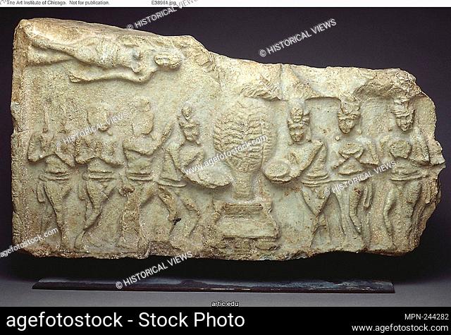 Veneration of the Bodhi Tree - 3rd century - India Andhra Pradesh - Origin: Nagarjunakonda, Date: 201 AD–300 AD, Medium: Limestone, Dimensions: 41