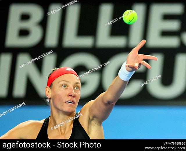 Belgian Yanina Wickmayer tosses the ball to serve during a tennis match between Belgian Wickmayer and Hungarian Bondar, the second rubber of the meeting between...