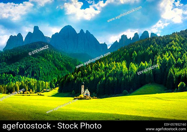 San Giovanni or St Johann in Ranui chapel, Funes Valley, Dolomites Alps. Trentino Alto Adige Sud Tyrol, Italy, Europe