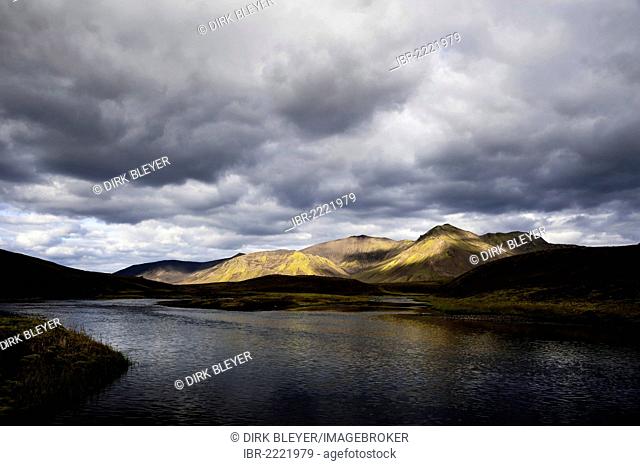 River and moss-covered mountains, landscape near Eldgjá, Highland, Iceland, Europe