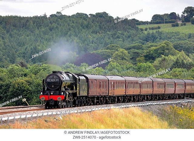 Steam locomotive LMS Royal Scot Class 46115 Scots Guardsman on the Settle to Carlisle Railway Line near Lazonby, Eden Valley, Cumbria, England, UK