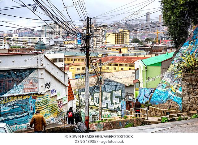 Colorful graffiti street art adorns the walls and buildings of Valparaiso, Chile