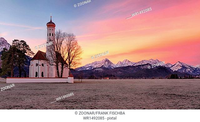St. Coloman church at sunrise, Alps, Bavaria, Germ