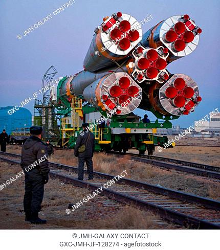 The Soyuz TMA-22 spacecraft is rolled out by train on its way to the launch pad at the Baikonur Cosmodrome, Kazakhstan, Friday, Nov. 11, 2011