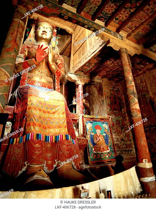 4 storied Buddha statue Maitreya Temple at Basgo Palace, 14th century, former kings palace, Unesco World Cultural Heritage, Indus valley, Ladakh