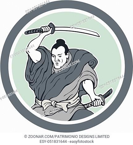 Illustration of a samurai warrior wielding katana sword in fighting stance viewed from front done in retro style set inside circle on isolated background