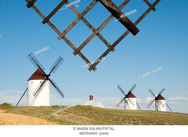 Windmills and windmill arm. Mota del Cuervo, Cuenca province, Castilla La Mancha, Spain