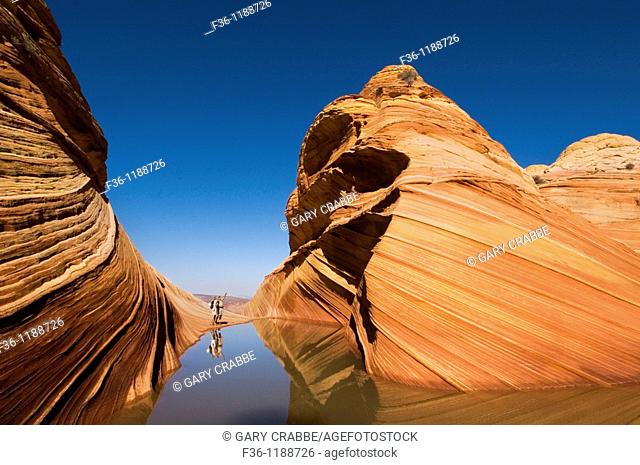 Tourist couple next to Seasonal desert pool of water below striated sandstone at The Wave, Coyote Buttes, Paria Canyon Vermilion Cliffs Wilderness, Arizona
