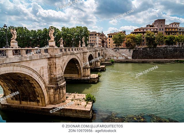 Rome, Italy - August 18, 2016: Bridge of Castel Sant Angelo. The Mausoleum of Hadrian, usually known as Castel Sant'Angelo is a towering cylindrical building in...