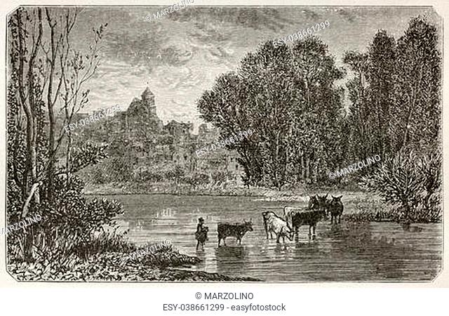 Montigny-sur-Loing old view, France. Created by Grenet, published on Le Tour du Monde, Paris, 1867