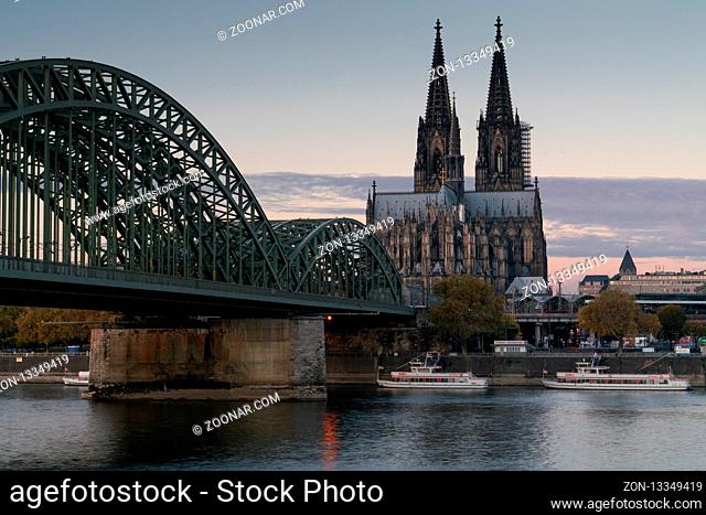 COLOGNE, GERMANY - NOVEMBER 7, 2018: Panorama of the city of Cologne with cathedral, Rhine river and Hohenzollern bridge on November 7, 2018 in Germany, Europe