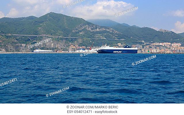 SALERNO, ITALY - JUNE 28, 2014: Neptune Thelisis Car Carrier RoRo Ship Leaving Port in Salerno, Italy