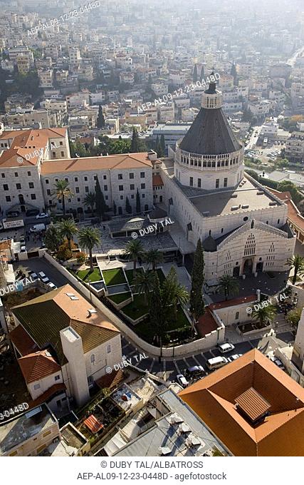 Aerial photograph of the church of the Annunciation in the city of Nazareth in the Lower Galilee