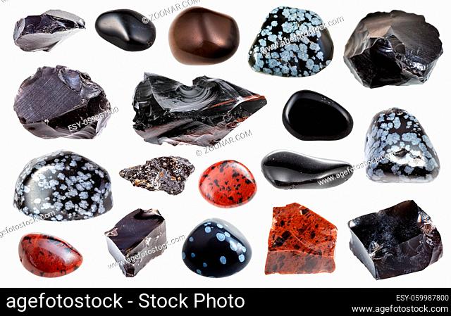 collage from various Obsidian (volcanic glass) natural mineral gem stones and samples of rock isolated on white background