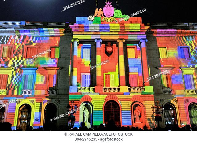 Mapping on the Town hall building. Celebration of saint Eulalia martyr, February 12. 290-303 AD. Canonized 633 AD. Copatron of Barcelona. Raval area