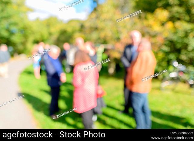 Portrait of defocused people in the park standing on grassy plain and tall green trees on sunny day