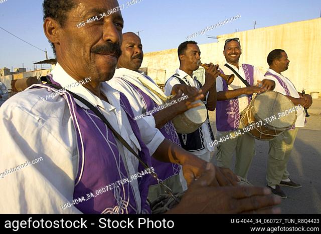 Musicians play wedding street parade Nefta Tunisia