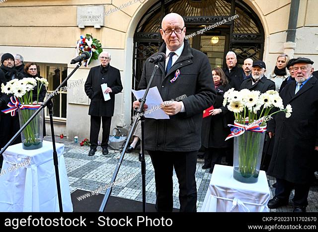 Rector of the Czech Technical University Vojtech Petracek speaks at a commemorative gathering to honour the memory of the students of Hlavka student dormitory...