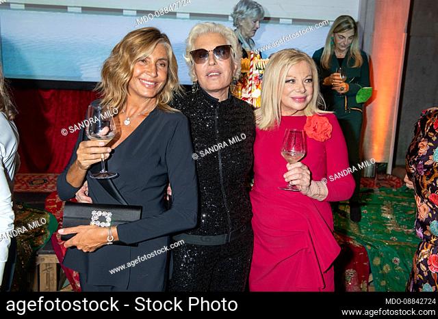 Italian designer Chiara Boni with the journalist Mirta Merlino and the actress Sandra Milo on the occasion of the party for the 50 years of activity of the...