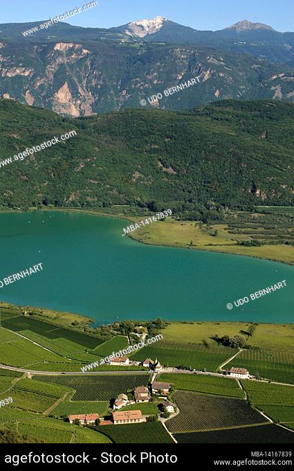 italy, south tyrol, unterland, kaltern, kalterersee, view from altenburg to the kalterersee