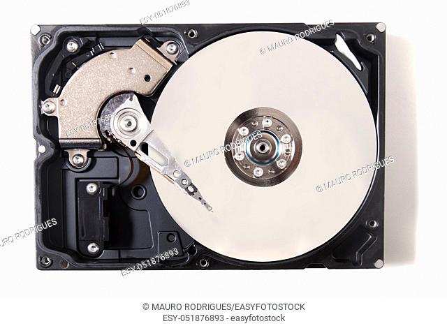 Close up view of a computer hard drive isolated on a white background