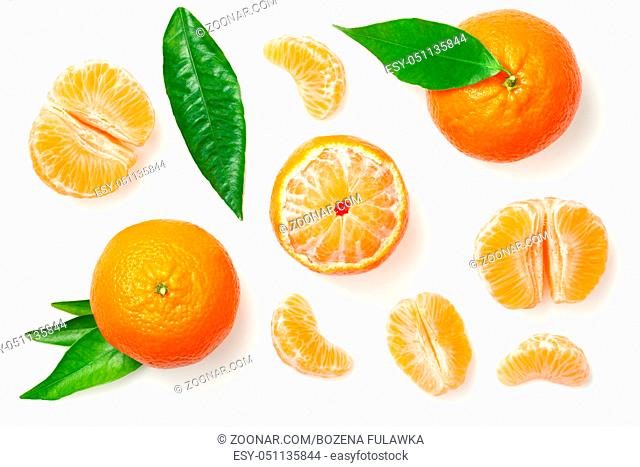 Mandarines, tangerine, clementine with leaves isolated on white background. Top view