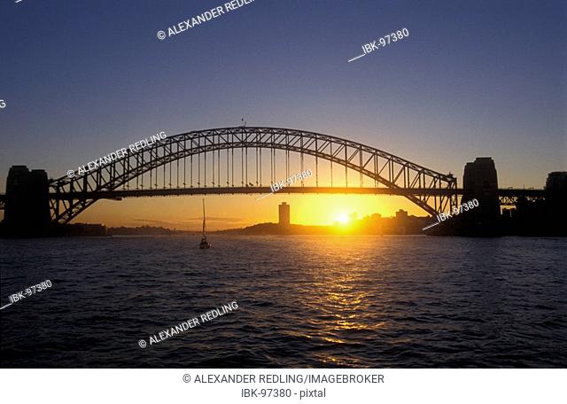 Sunset behind Harbour Bridge in Sydney , New South Wales, Australia