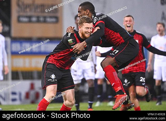 Rwdm's Florian Yves Le Joncour celebrates after scoring during a soccer match between RWDM and KMSK Deinze, Sunday 28 November 2021 in Brussels