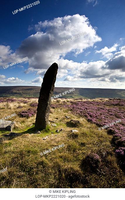 England, North Yorkshire, Blakey Ridge. Standing Stone overlooking Rosedale on Blakey Ridge in the North York Moors National Park