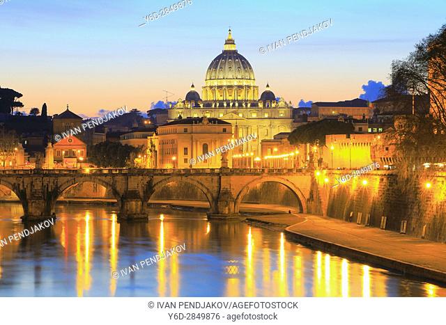 St Peter's Basilica and the Tiber at Sunset, Rome, Italy