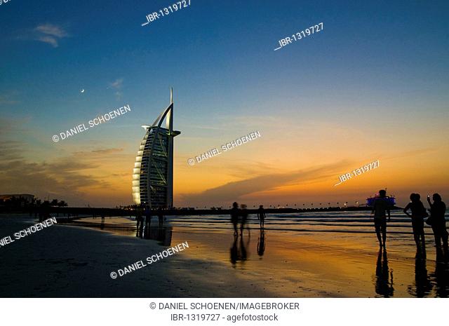 Beach with Burj al Arab at sunset, Dubai, United Arab Emirates, Middle East