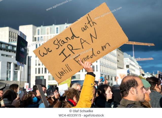 Berlin, Germany, Europe - Activists, mainly women, protest during a solidarity rally on Pariser Platz square on the occasion of the riots in Iran after the...
