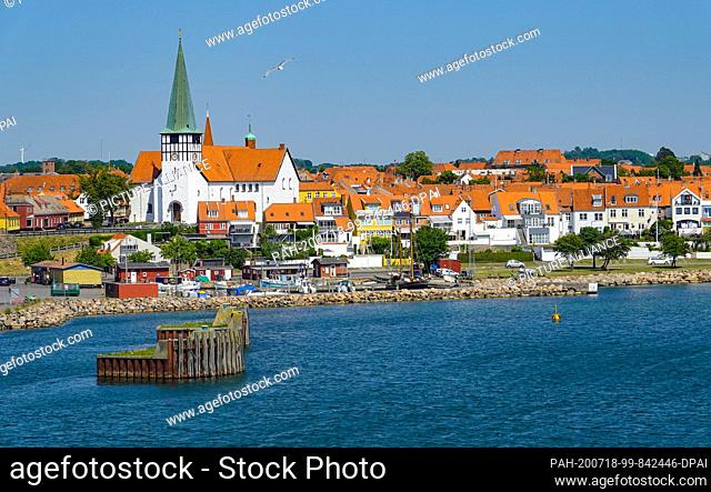 26 June 2020, Denmark, Rönne: Panoramic view over the harbour of the capital of the Danish Baltic Sea island Bornholm. The island Bornholm is