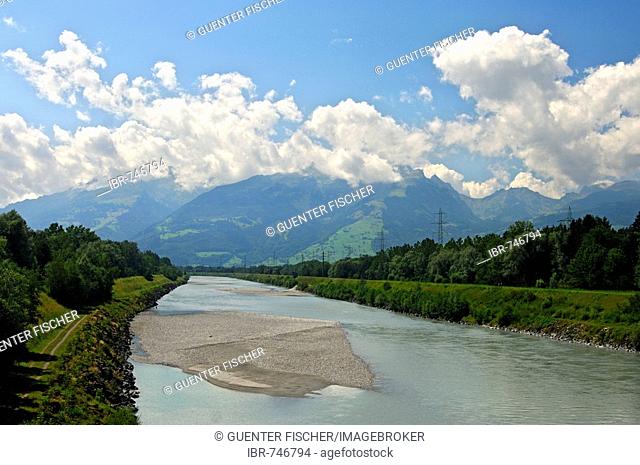 Rhine River Valley near Ruggell forming the border between Switzerland (left bank) and Liechtenstein (right bank)